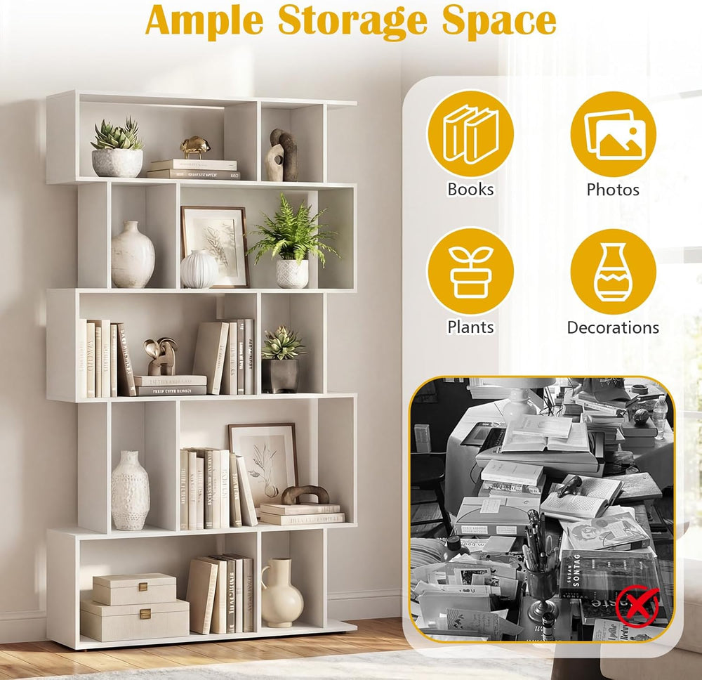 5-Tier Geometric Bookshelf w/Anti-tip Kit & 5 Closed-Back Cubbies