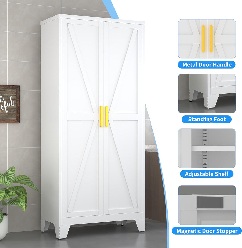 61" Tall Pantry Cabinet, White Metal Pantry Storage Cabinet | Metal Farm...