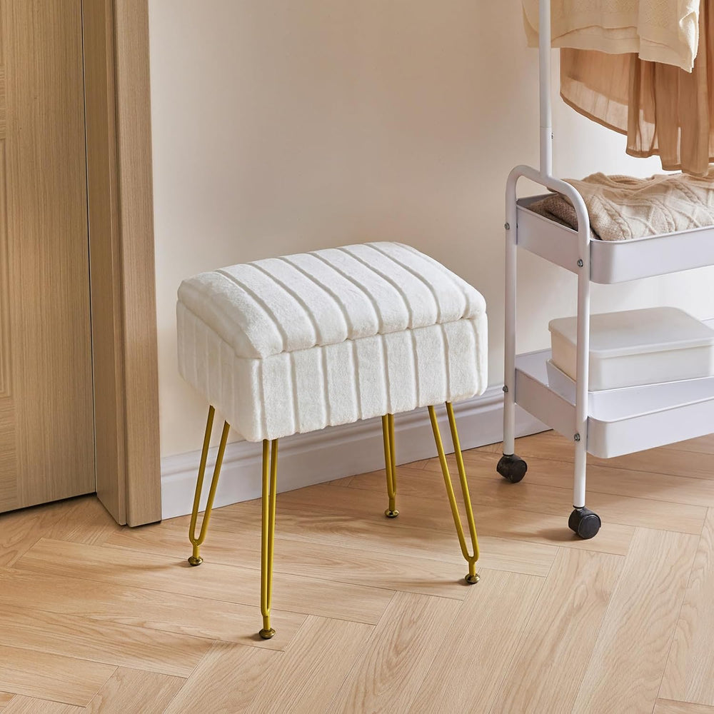 IBUYKE Vanity Chair with Storage, Faux Fur Footrest Ottoman, White LG-50W | S...