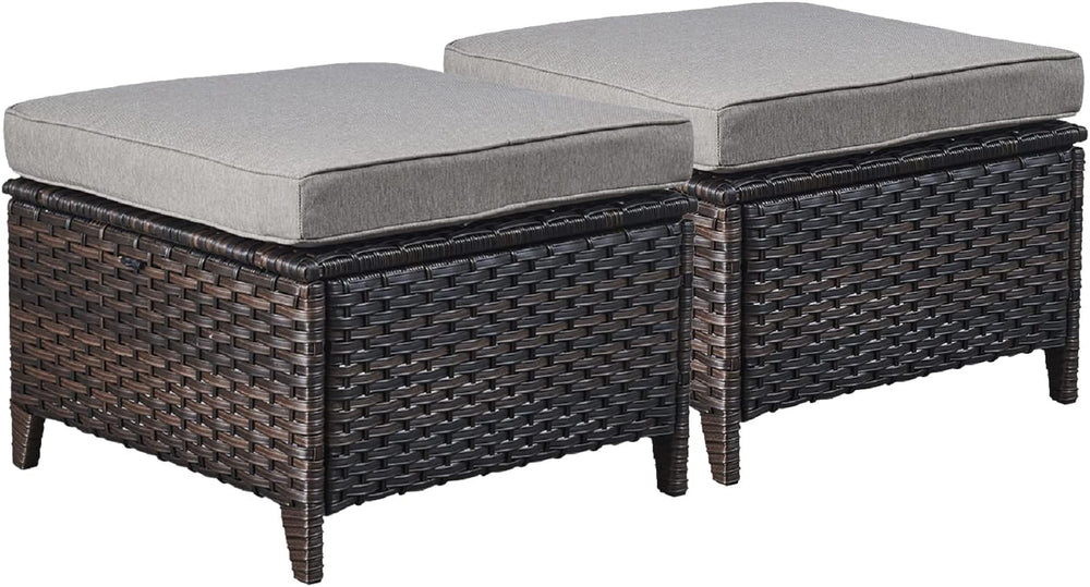 Outdoor Ottomans Patio Foot Rest - 2 Piece Wicker Rattan Ottoman Footrests Fo...