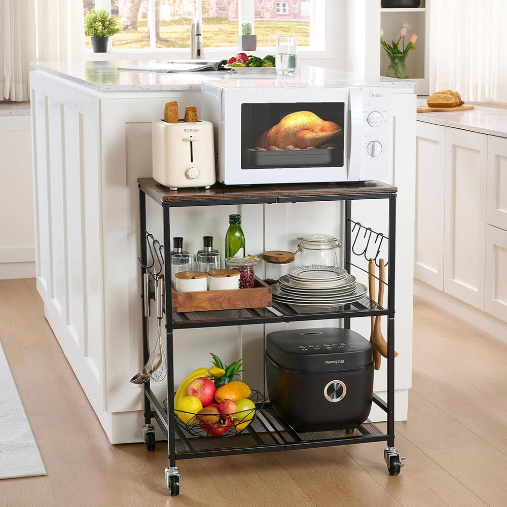 3 Tier Rolling Microwave Cart with Storage, Kitchen Organizer on Wheels | Woo...