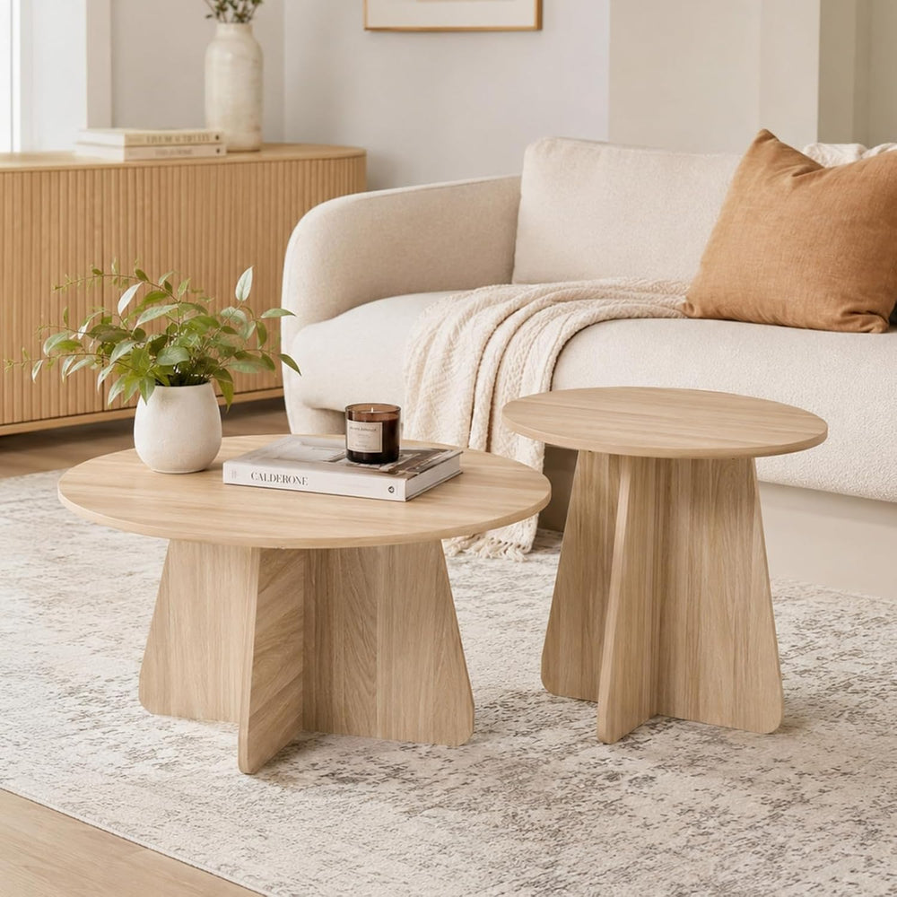 Round Wooden Coffee & Side Tables with Tapered Base, Wood | Nesting Coffe...