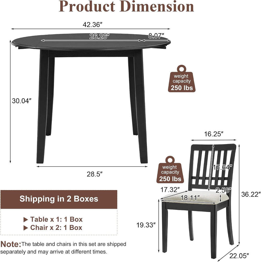 Solid Wood Small Dining Table and 2 Chairs, Black