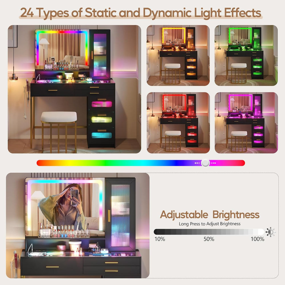 Vanity Desk with RGB LED Mirror, Glass Top and 6 Drawers - Black | SKKTKT Mak...