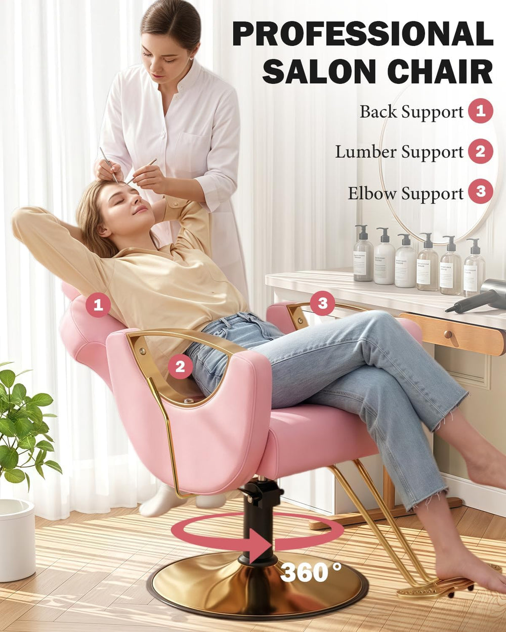 Salon Barber Chair for Hair Stylist, Pink Reclining Hair Styling Chair with W...