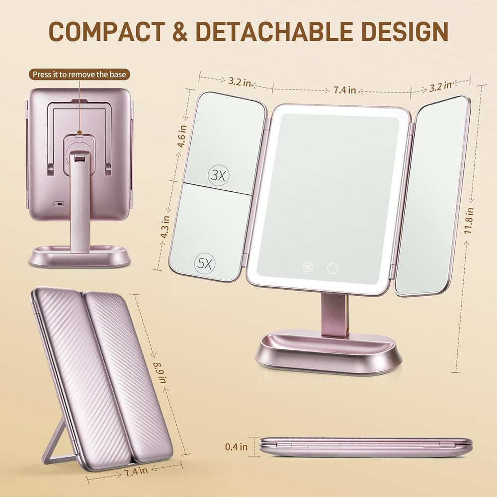 FRANO Lighted Makeup Mirror with 1X/3X/5X Magnification, Rechargeable Trifold...