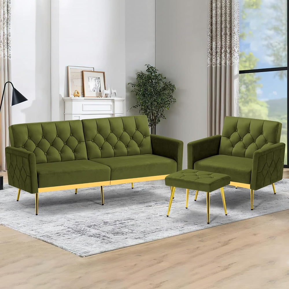 Velvet Sofa Set w/Adjustable Armrests & Backrests, Olive Green | Tufted A...