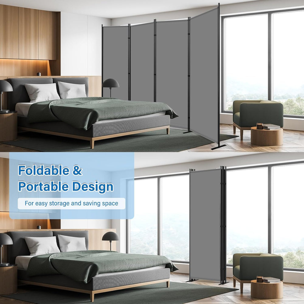 AKTOP 4 Panel Room Divider, 88" W x 6FT Fabric Folding Privacy Screen, Grey
