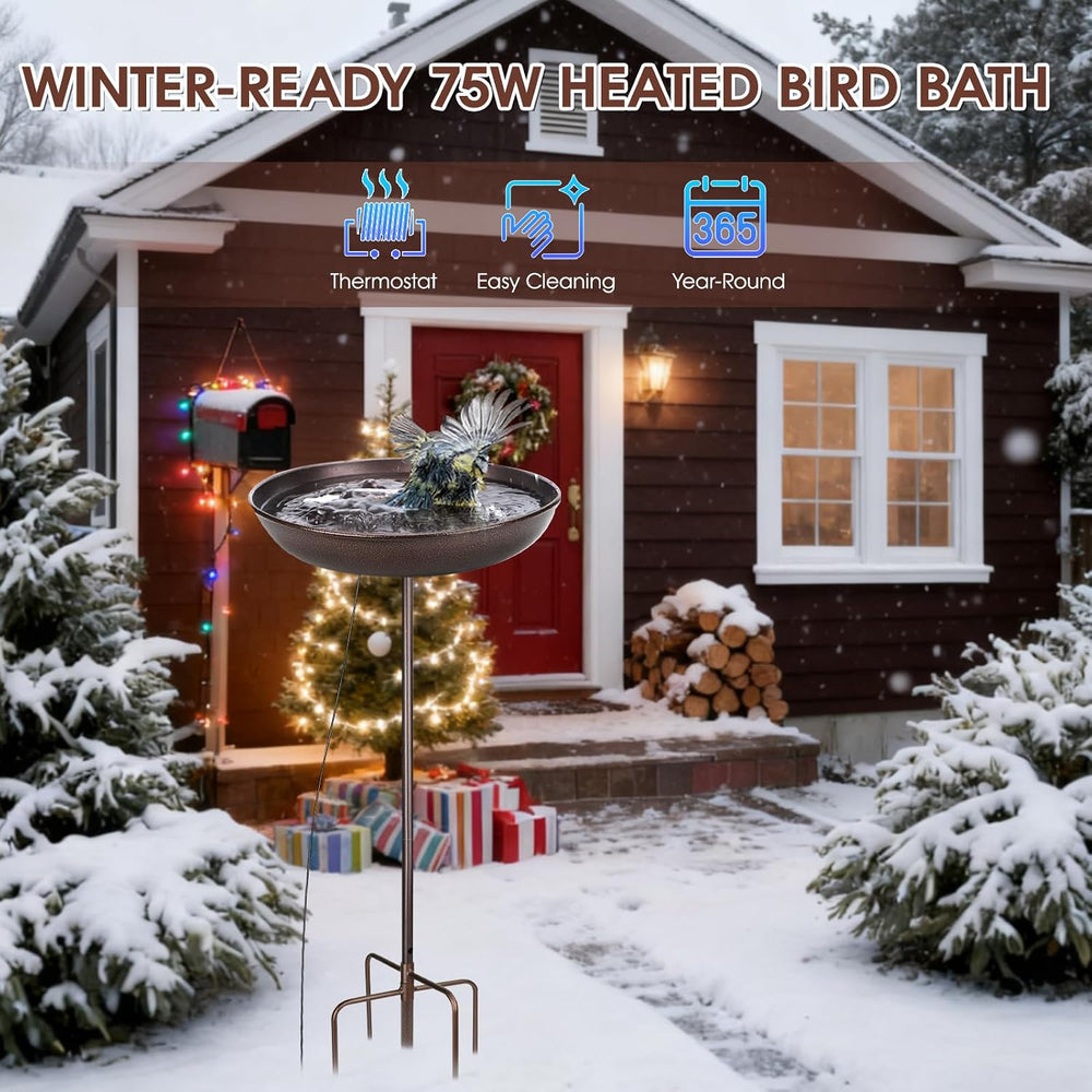 100W Heated Bird Bath – 35-Inch High Iron Birdbath with Water Heater & De...