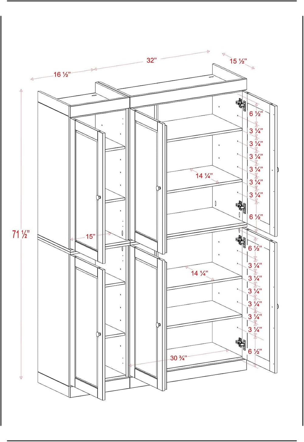 Palace Imports Solid Wood Kitchen Pantry Cabinet - 71.5" H x 48.5" ...