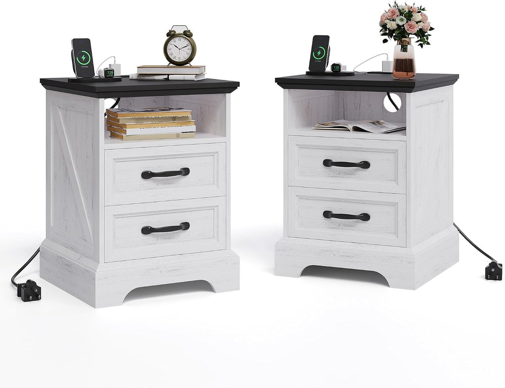 Garvee Farmhouse Rustic Nightstands with Charging Station Set of 1/2, Modern ...
