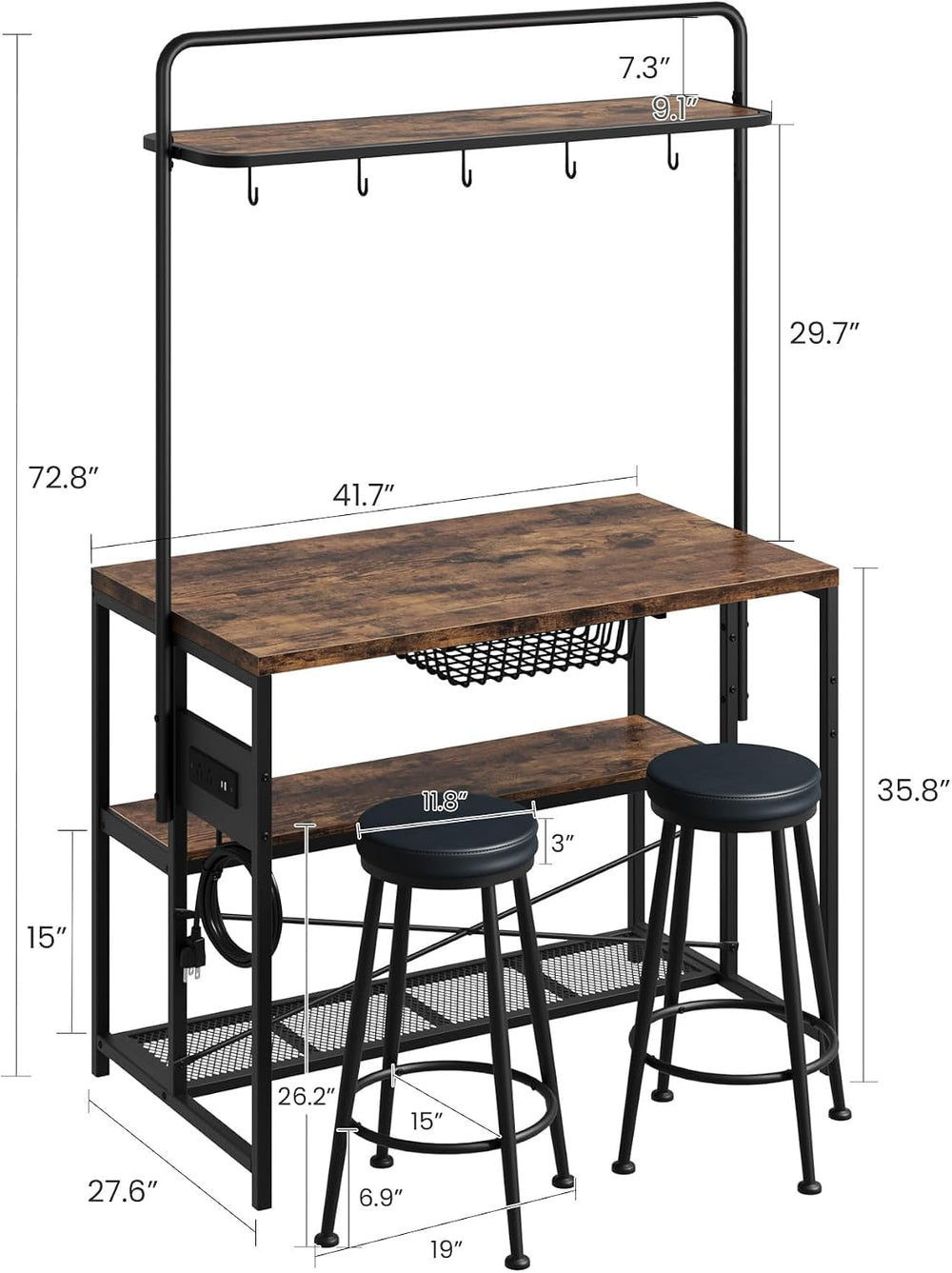 Industrial Kitchen Island Dining Table with Power Outlet, Retro | Microwave S...