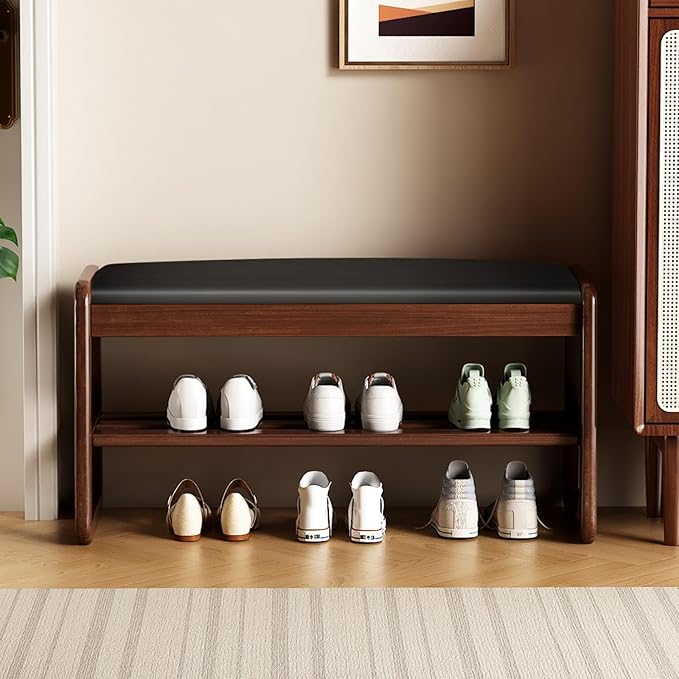 Wooden Shoe Storage Bench with Padded Top Cushion, Two-Tier Wooden Shoe Rack,...