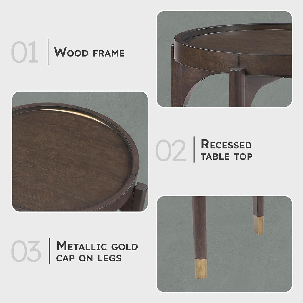 Lexicon Wood Round End Table with Gold Metal Cap, 36" Dia. Mid Century M...