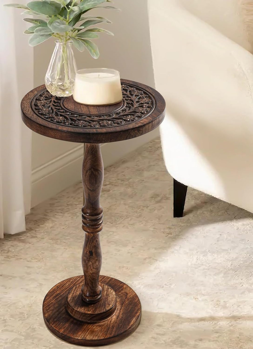 Rustic Wooden End Table 12x22 - Handcrafted Carved Side Table, Burnt Finish B...