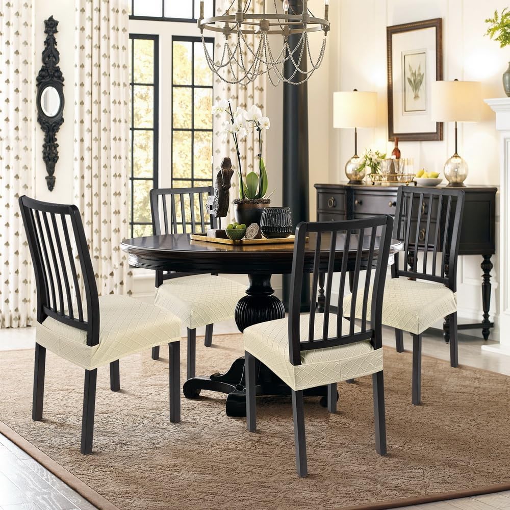 SearchI Dining Chair Seat Covers, Rear Covered(Check Jacquard Beige, 6pcs)