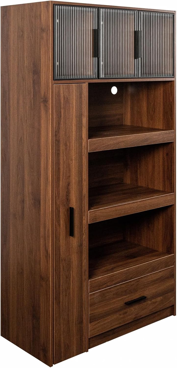 70.87" Tall Kitchen Pantry Cabinet, Walnut Wood Pantry Cabinet with 2 Dr...