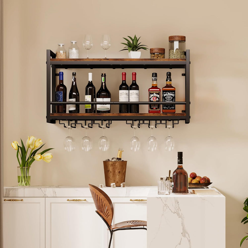 Homeiju Wall Mounted Wine Rack, Bottle & Glass Holder Wood-Metal Retro Wi...