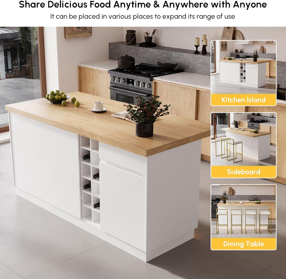 homary 72" Large Natural Kitchen Island with Storage & LED Lights, W...