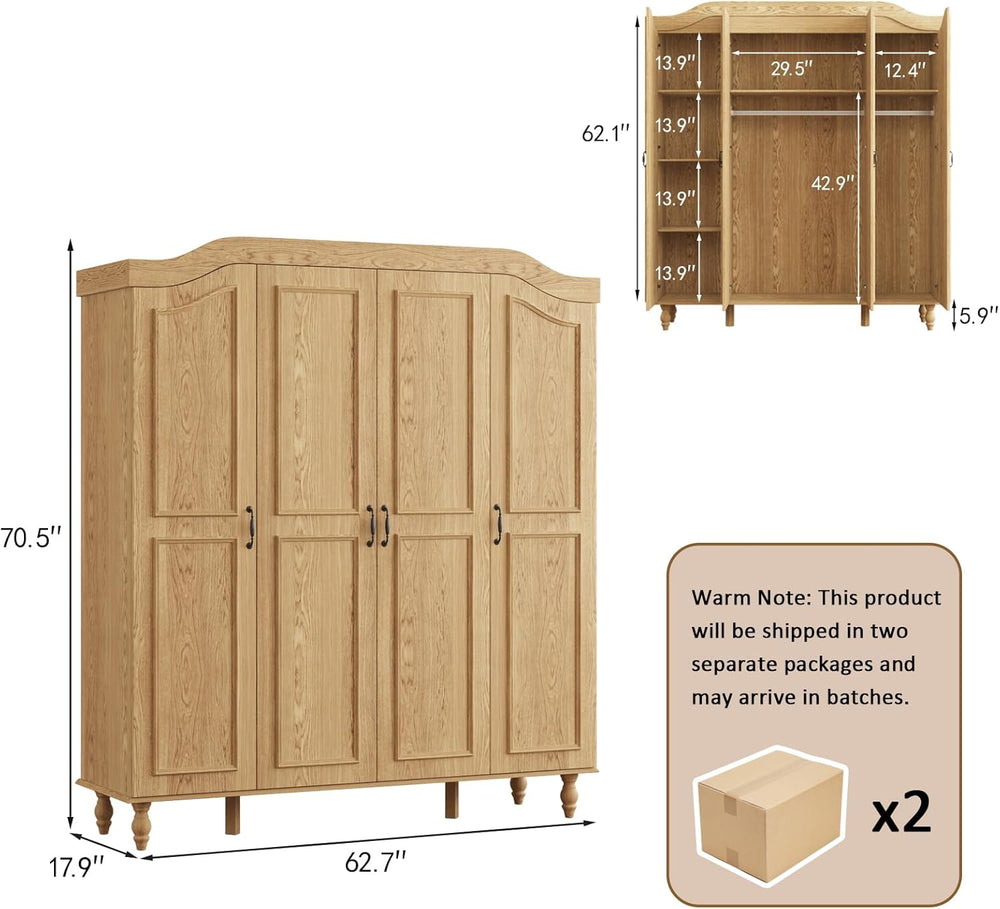 71" H Arched Armoire Wardrobe Closet with 4 Doors, Wooden, Natural