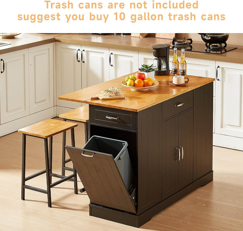 ONBRILL 47" Kitchen Island with Trash Can Storage, Include 2 Chairs, Bla...
