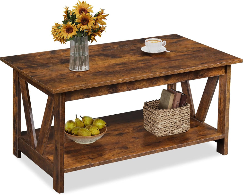 WLIVE 39.4" Farmhouse Coffee Table, Wood Center Table Storage Dark Brown