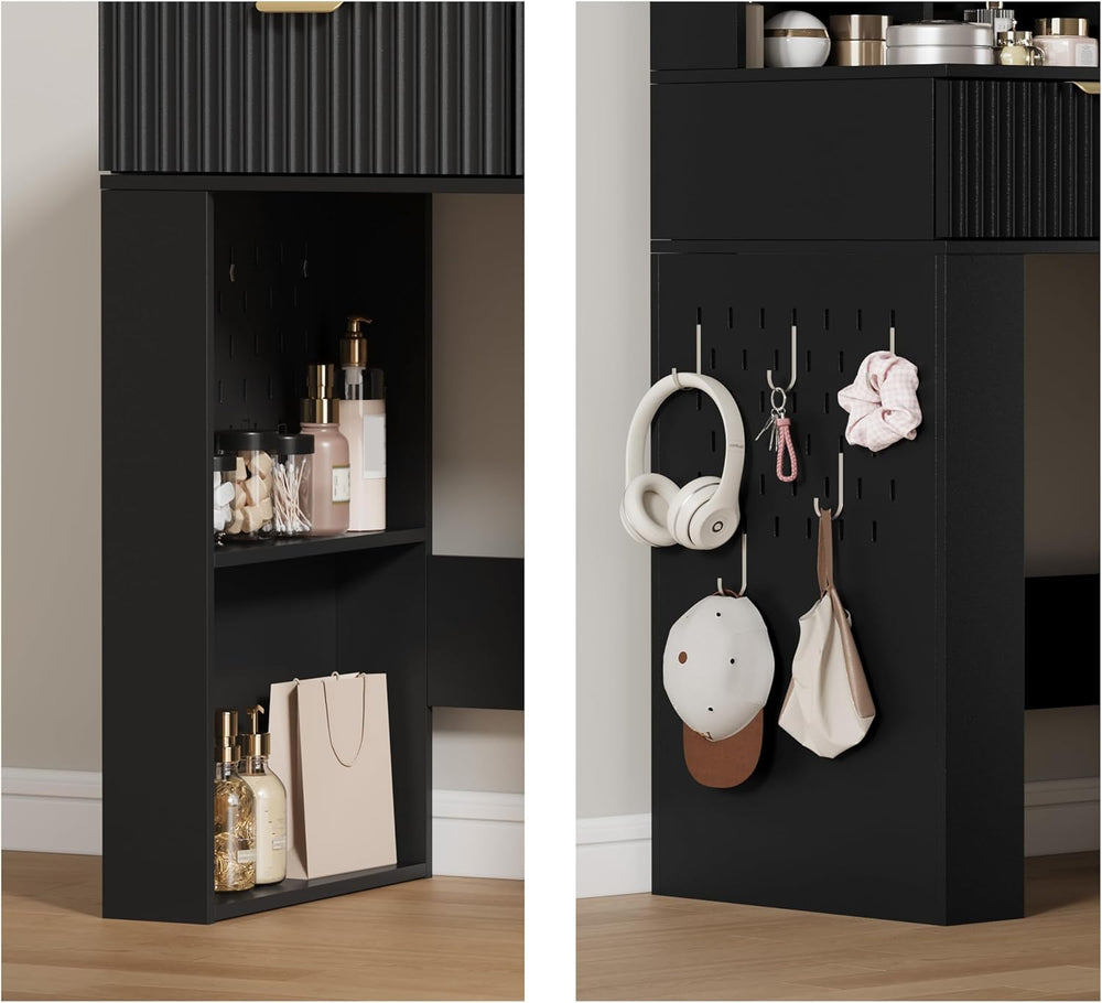 HUANLEGO 57" Fluted Makeup Vanity Desk with Mirror and Lights, Black | V...
