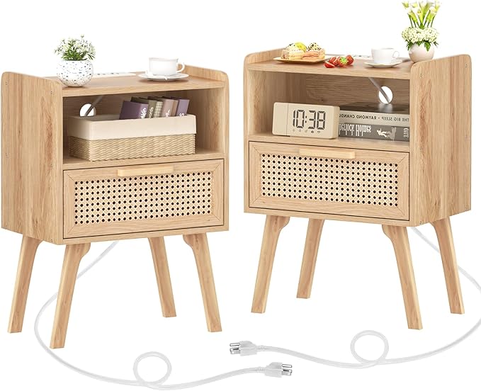 Lerliuo Rattan Nightstands Set of 2 with Charging Station, Boho Night Stand w...