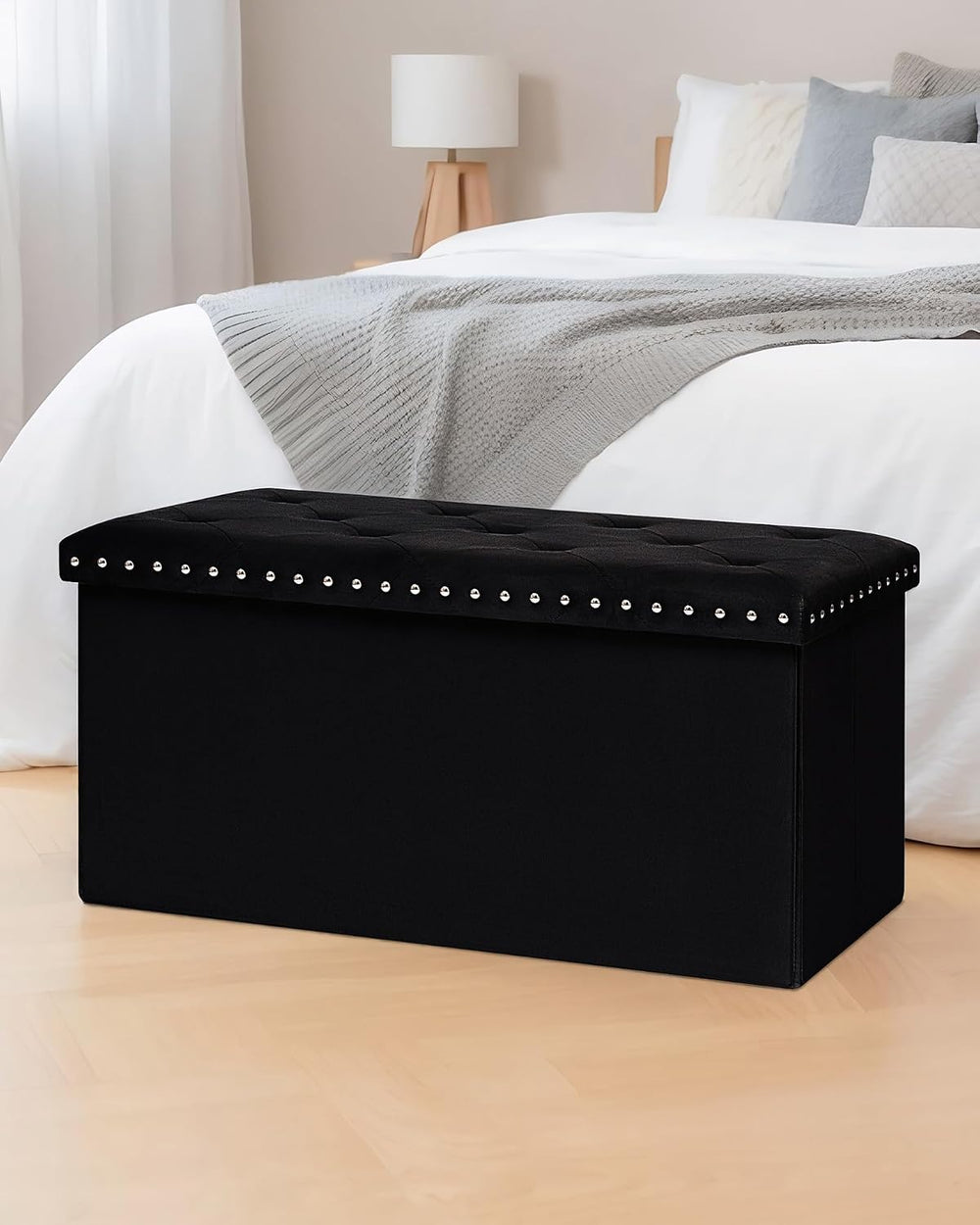 B FSOBEIIALEO Storage Ottoman Bench, 30" Velvet Ottoman with Storage, Bl...