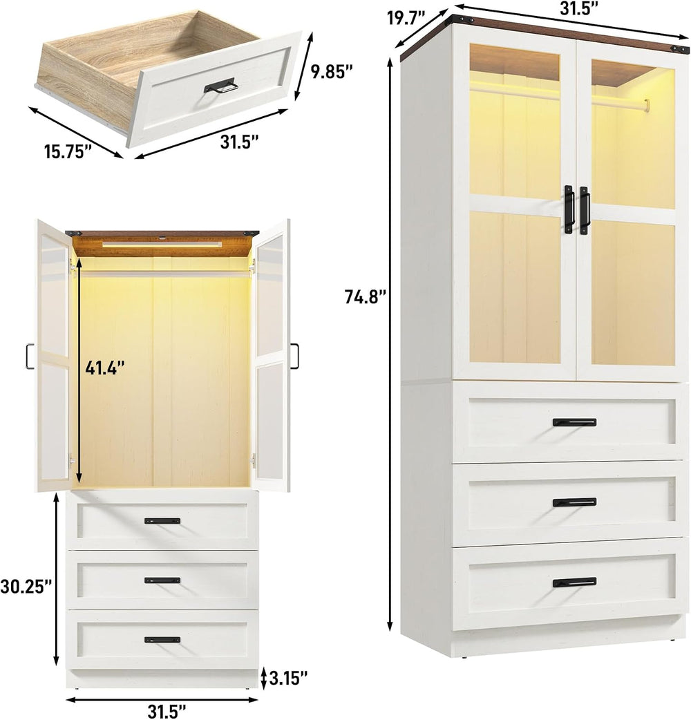 75" Tall Farmhouse 2 Doors Armoire Wardrobe Closet with 3 Drawers and LE...