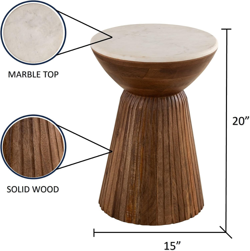 Albany Living Marble Top Mango Wood Pedestal Side Table, Natural | Fully Asse...