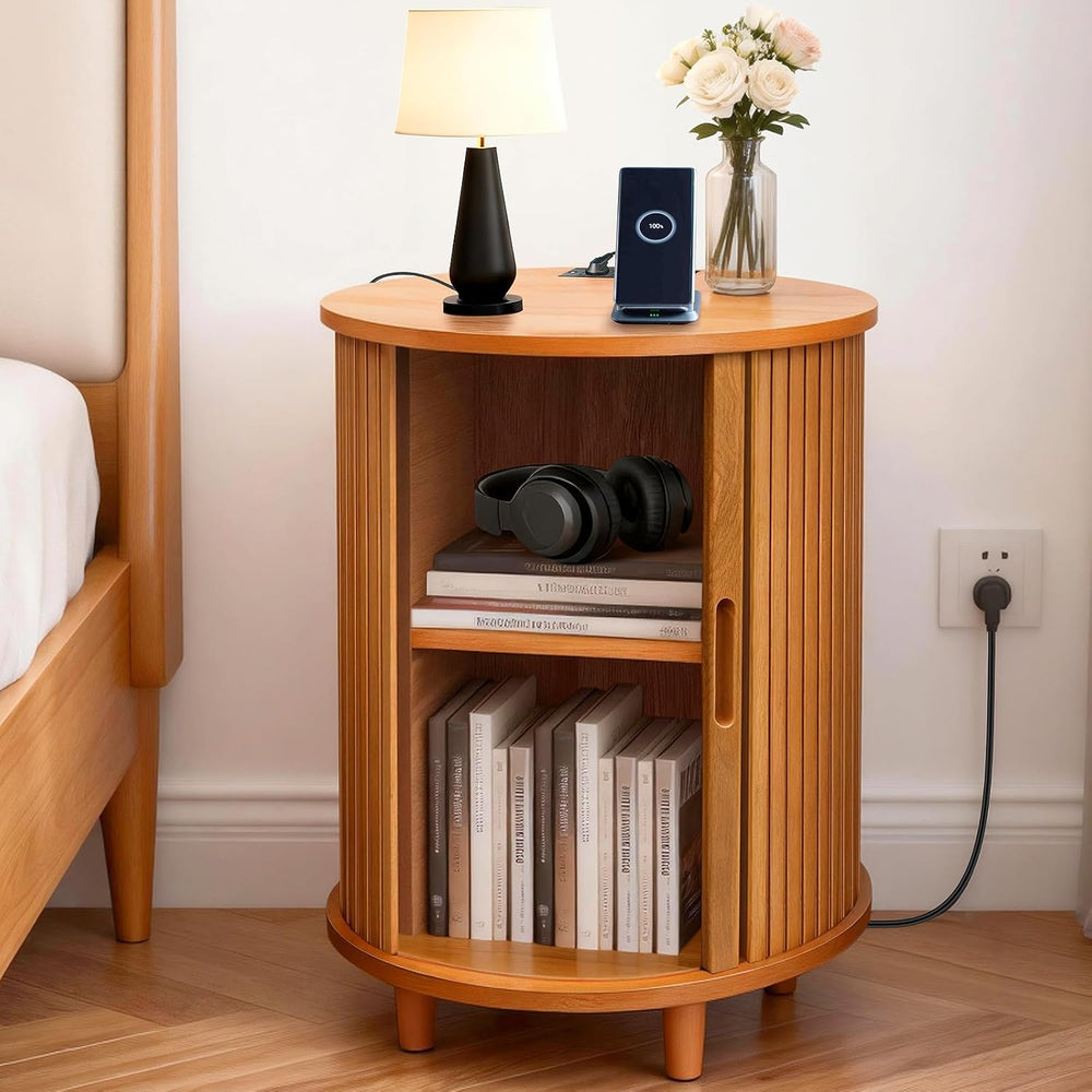 DHH Round End Table with Storage & Charging Station, Fluted Accent Side T...