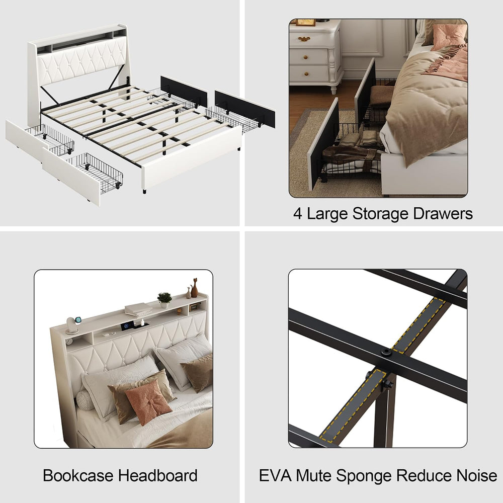 Peanu Queen Bed Frame, Ergonomic Headboard, White Metal Storage