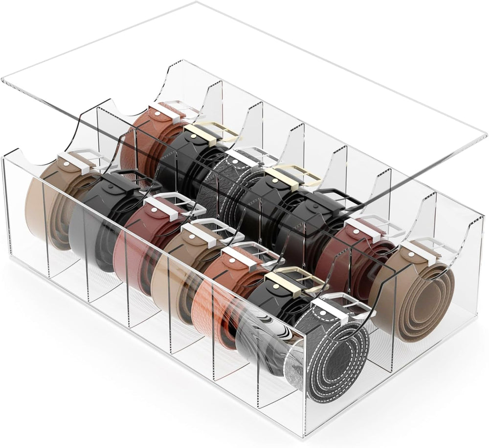 Large Acrylic Belt Organizer, Clear 14 Compartments Storage with Dust Cover, ...