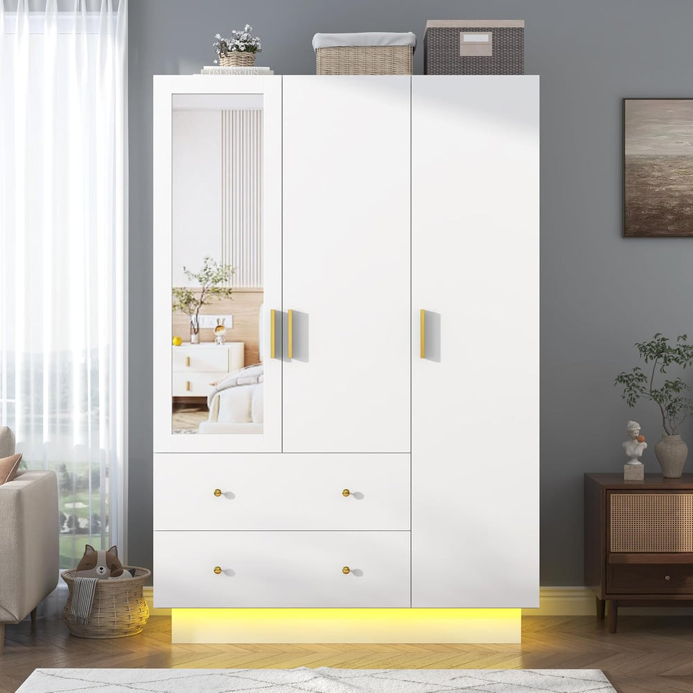 chartustriable 3 Doors Armoire Wardrobe Closet with Mirror, LED Armoire with ...