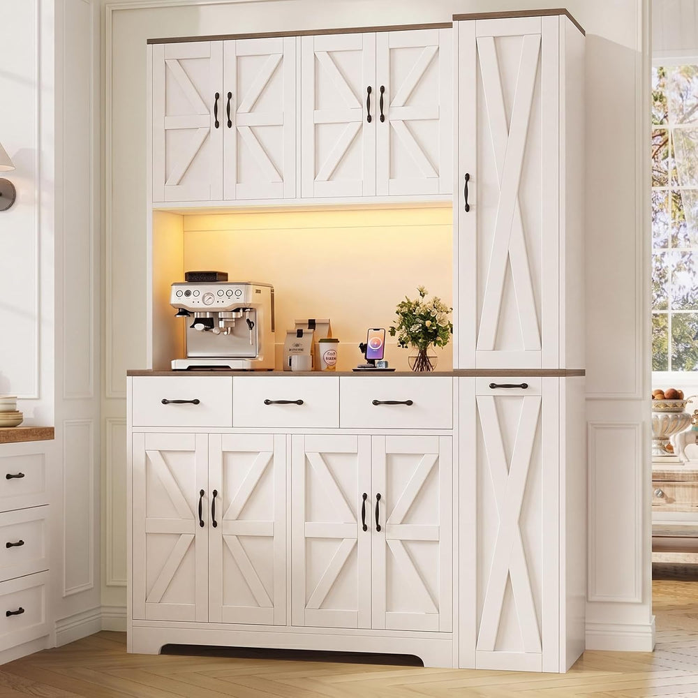70.9" Tall Farmhouse Pantry Cabinet with Pull-Out Storage Cart & LED...