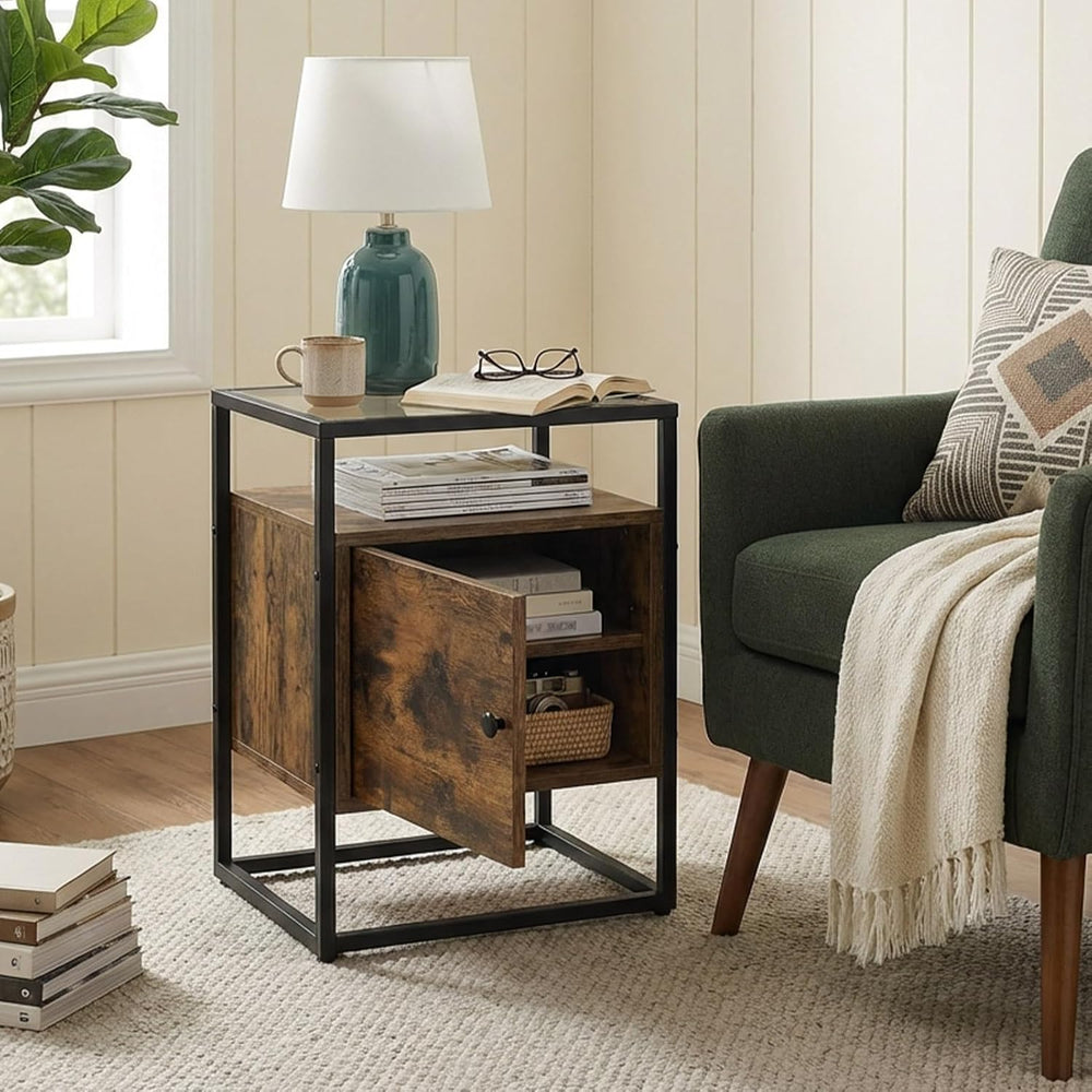 Side Table with 2 Tier Storage Cabinet, Small End Tables Wood Solid with Glas...