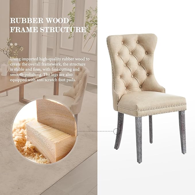 Leather Dining Chair Set of 2, Dining Room Chairs with Nailhead Ring Pull Tri...