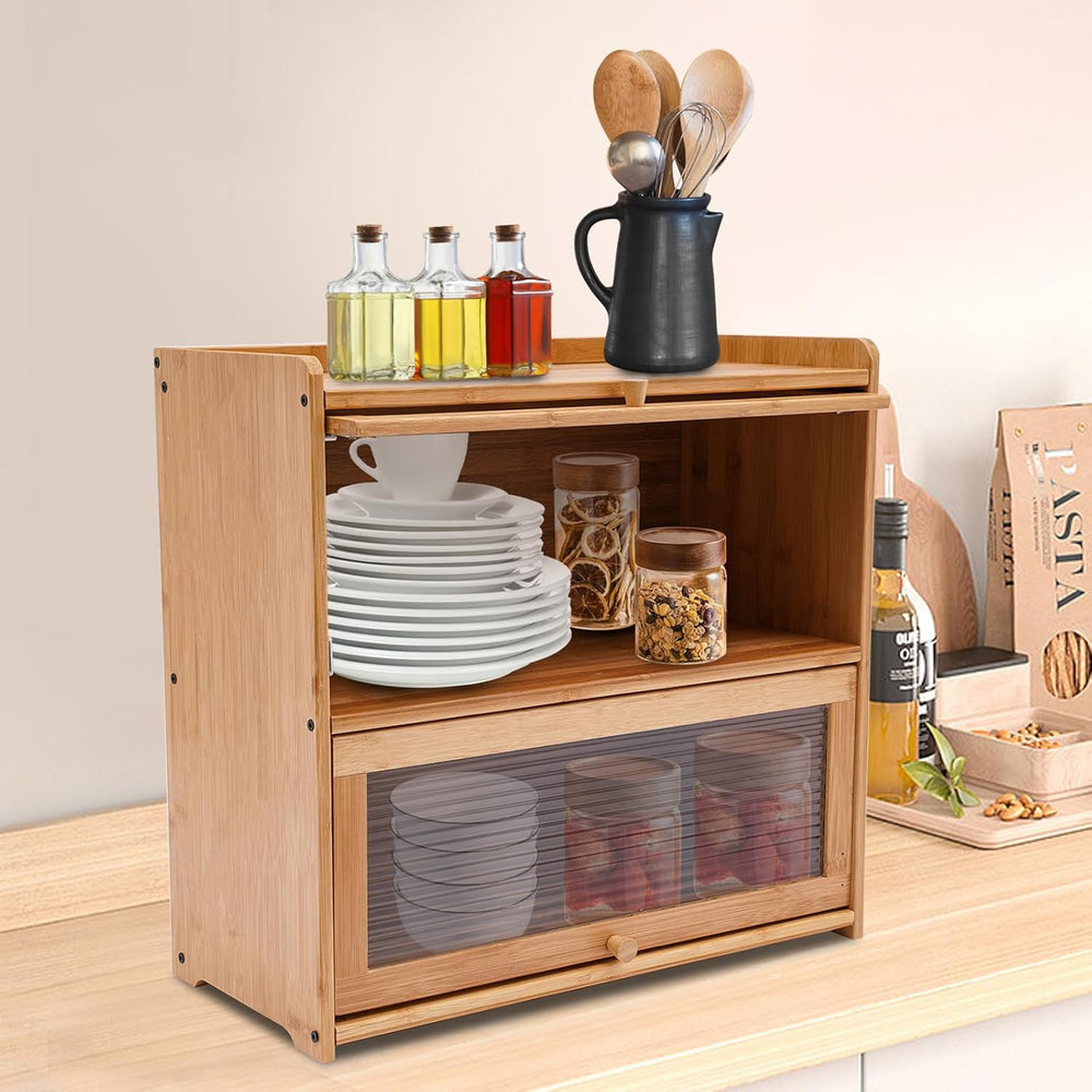 2 Tier Bamboo Countertop Pantry, Kitchen Countertop Flatware Storage Cabinet ...