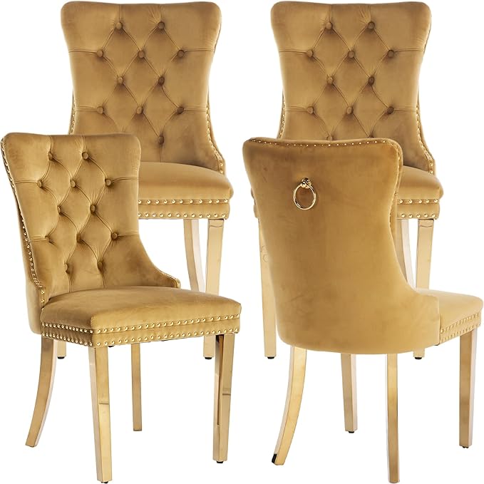 Mid Century Modern Dining Chairs Set of 4, Yellow Velvet Upholstered Tufted B...