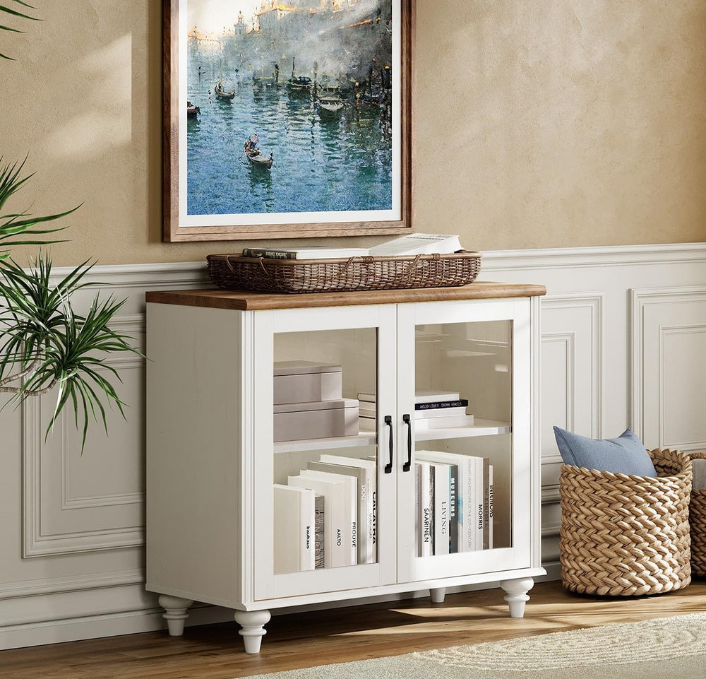 WAMPAT Sideboard Buffet Cabinets with Glass Door, White, 34"