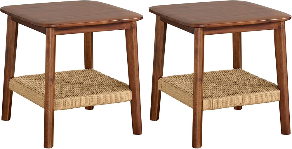 Alaterre Furniture Calais 2-Tier Solid Wood End Table with Woven Storage Shel...