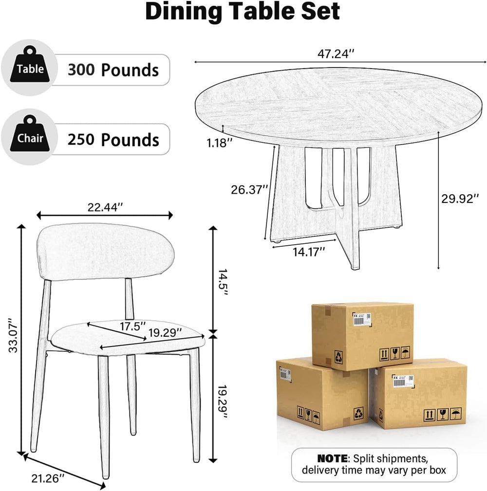 47" Round Dining Table Set for 4-6, Farmhouse Kitchen Table & 4 Brow...