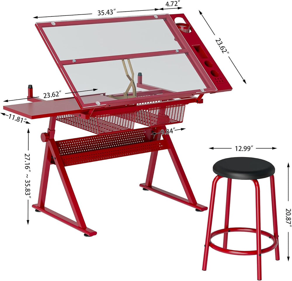 Adjustable Drafting Table with Chair, Tempered Glass Art Desk with 0-75° Tilt...
