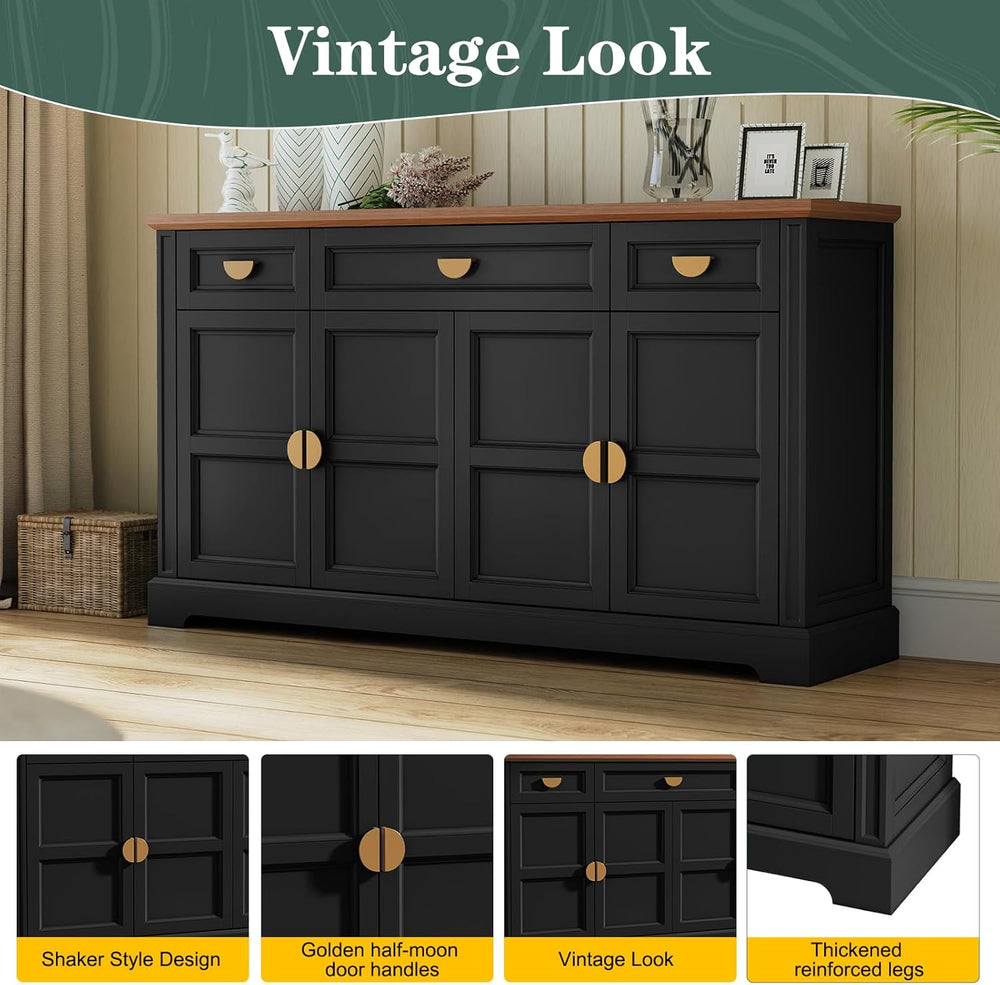HLR 60” Large Buffet Sideboard Cabinet with 4 Doors and 3 Drawers Shaker Styl...