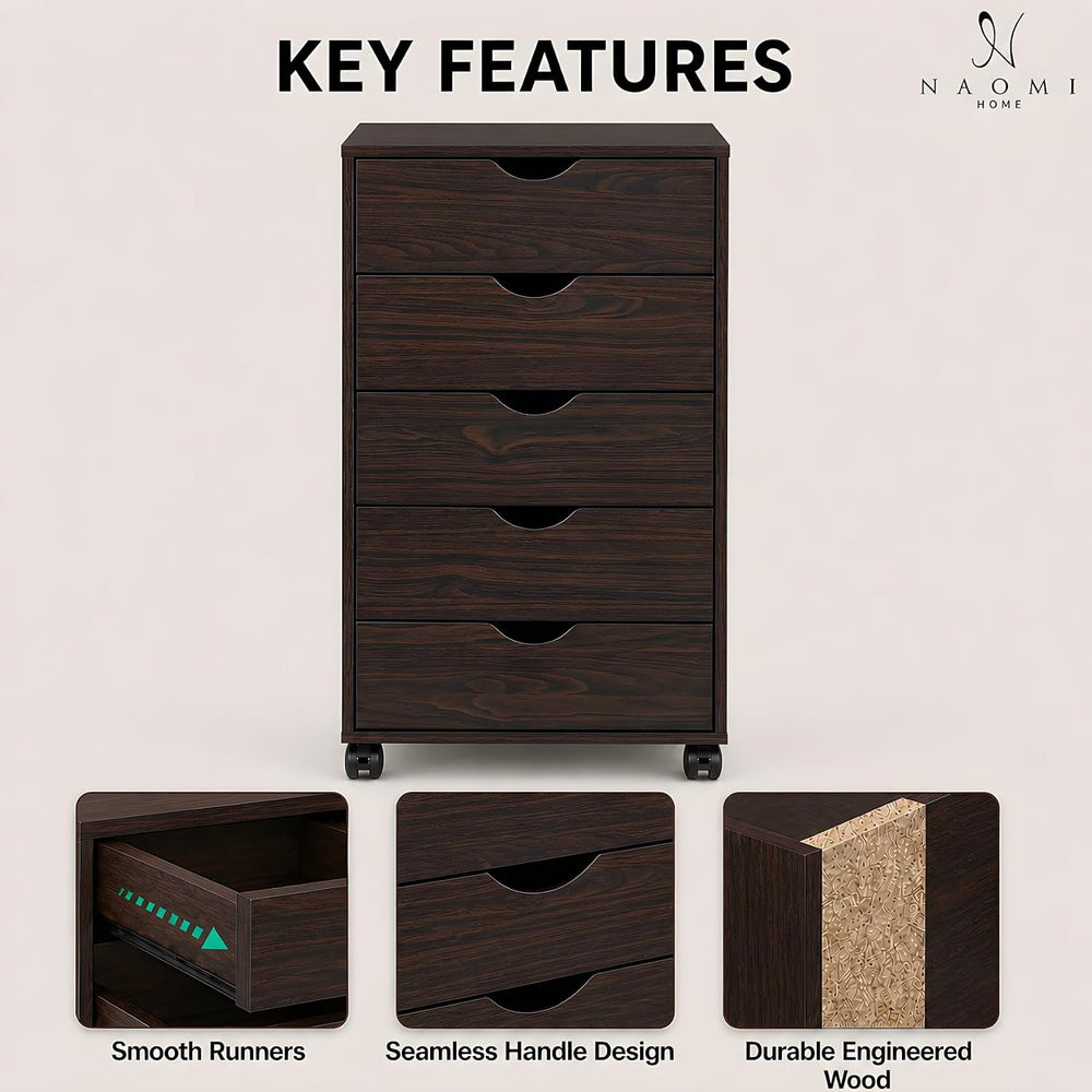 Naomi Home Under Desk Office File Cabinet with 5 Drawers, Rolling Storage Org...