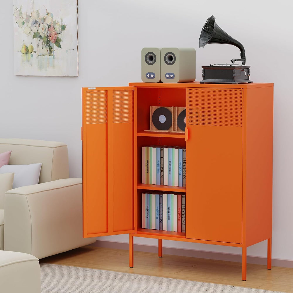 Orange 3 Tier Metal Storage Cabinet with Legs, 2 Door Metal Locker Style Acce...