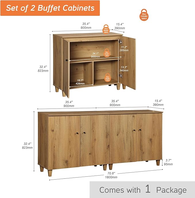 WAMPAT TV Stand Cabinets for TVs up to 75 Inches, 2-in-1 Wood Entertainment C...