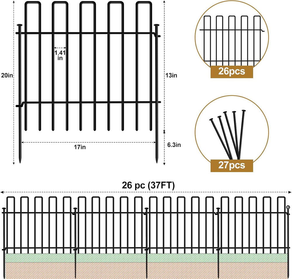 26 Panels No Dig Animal Barrier Fence, 13in(H) x 37ft(L) Garden Edging Border...