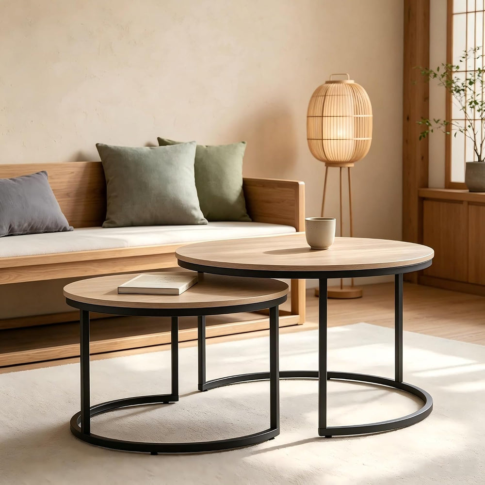 31.5 Inch Round Nesting Coffee Tables Set of 2, Oak‑Tone Stackable Side Table...